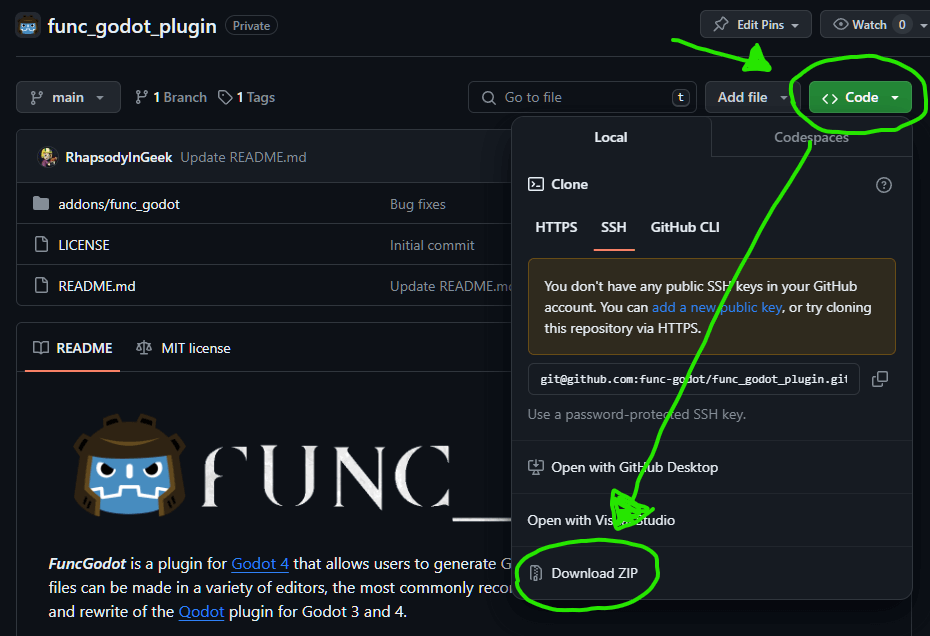 An image displaying where to find the GitHub Code Download. It shows a green button that says 'Code' with an open menu. At the bottom of the menu is a button that says 'Download Zip'.